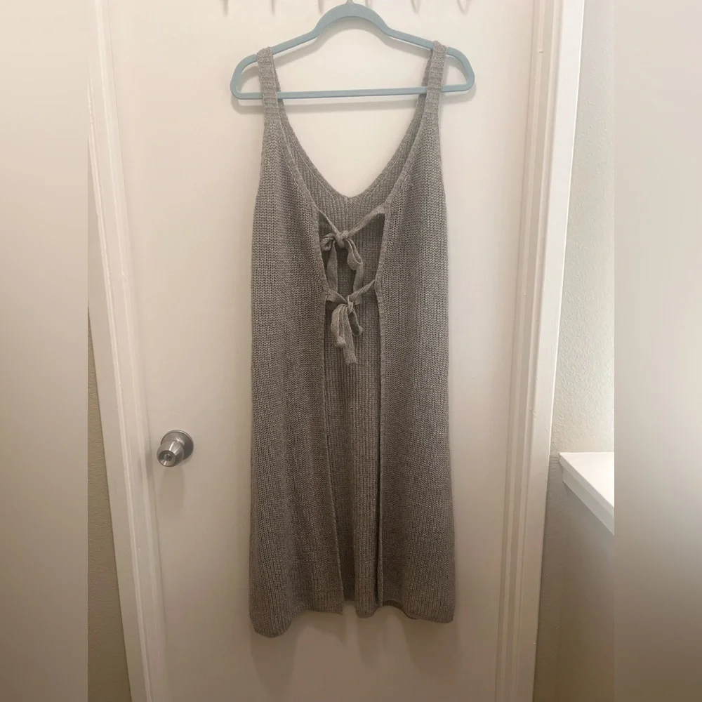 Y2K Knit Tie Front Midi Cardigan Dress Gray Open Layering Boho Minimal Japan OS